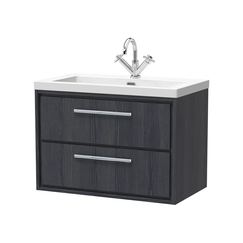 Lille 800mm Wall Hung 2 Drawer Vanity Unit & Modern Fireclay Basin With 1 Tap Hole - Graphite Grey Woodgrain
