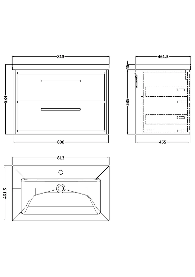 Lille 800mm Wall Hung 2 Drawer Vanity Unit & Modern Fireclay Basin With 1 Tap Hole - Graphite Grey Woodgrain