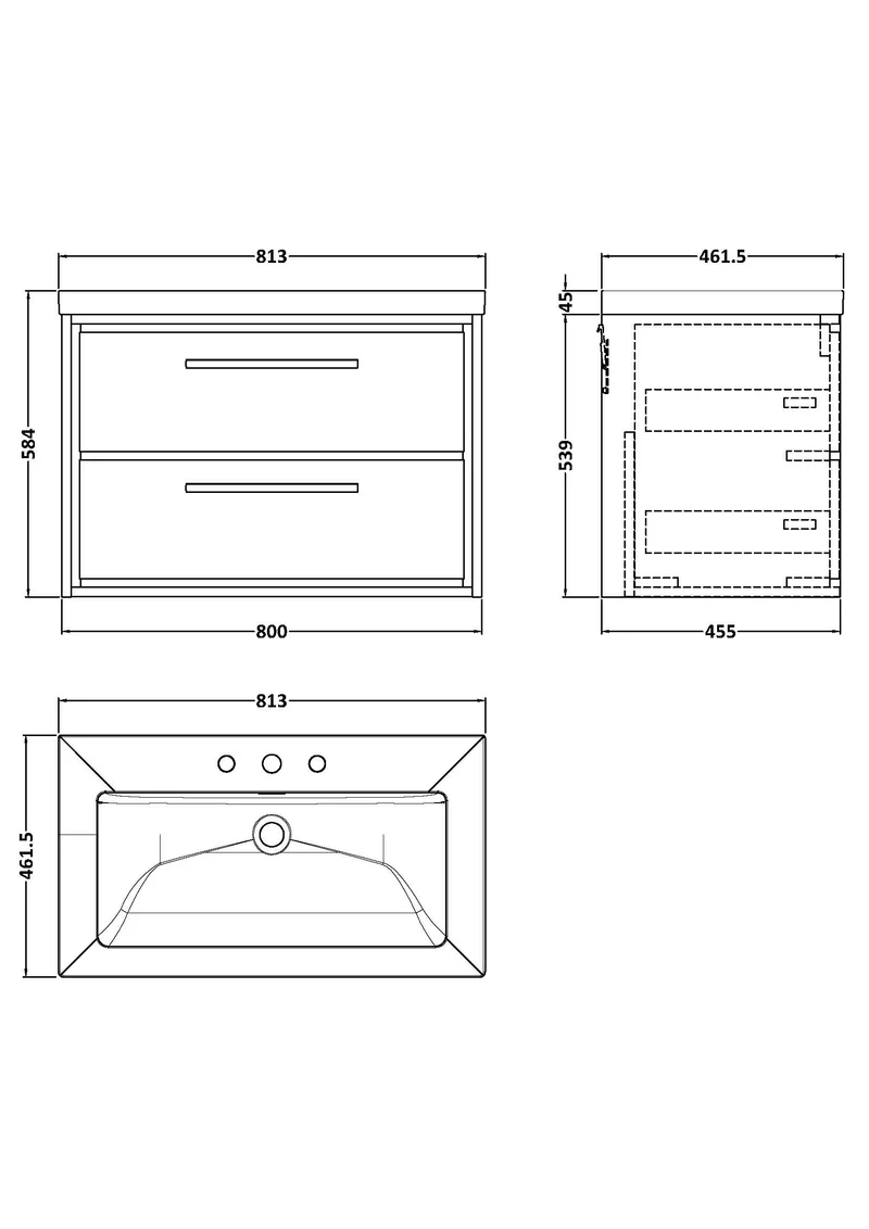 Lille 800mm Wall Hung 2 Drawer Vanity Unit & Modern Fireclay Basin With 3 Tap Holes - Graphite Grey Woodgrain