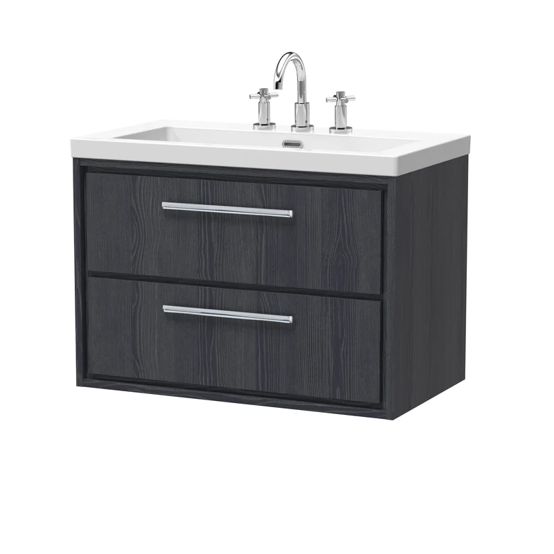 Lille 800mm Wall Hung 2 Drawer Vanity Unit & Modern Fireclay Basin With 3 Tap Holes - Graphite Grey Woodgrain