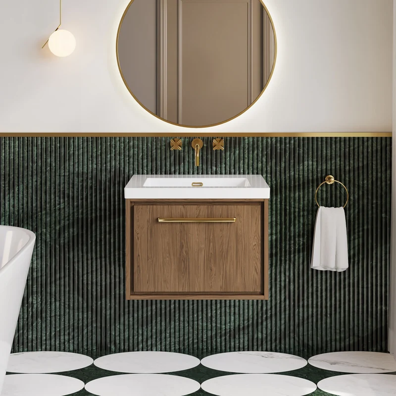 Lille 600mm Wall Hung 1 Drawer Vanity Unit & Modern Fireclay Basin With No Tap Holes - Antique Oak Woodgrain