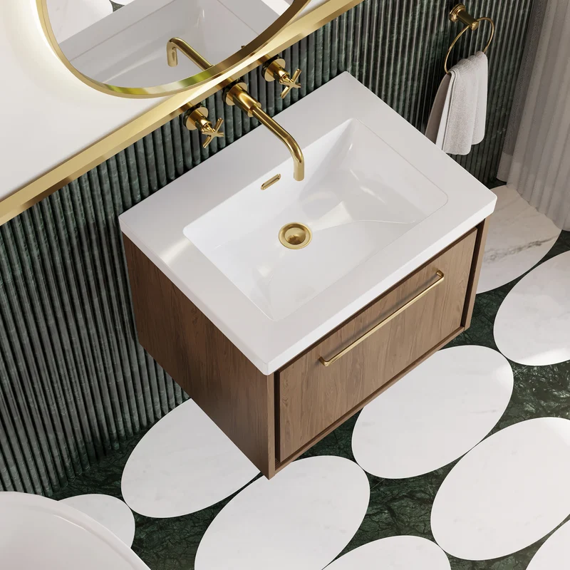 Lille 600mm Wall Hung 1 Drawer Vanity Unit & Modern Fireclay Basin With No Tap Holes - Antique Oak Woodgrain