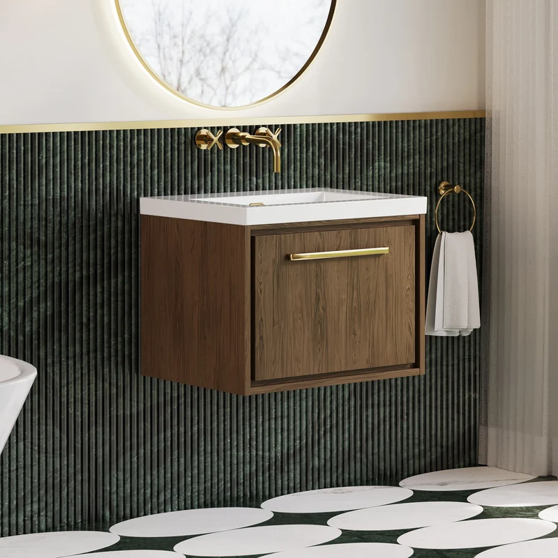 Lille 600mm Wall Hung 1 Drawer Vanity Unit & Modern Fireclay Basin With No Tap Holes - Antique Oak Woodgrain