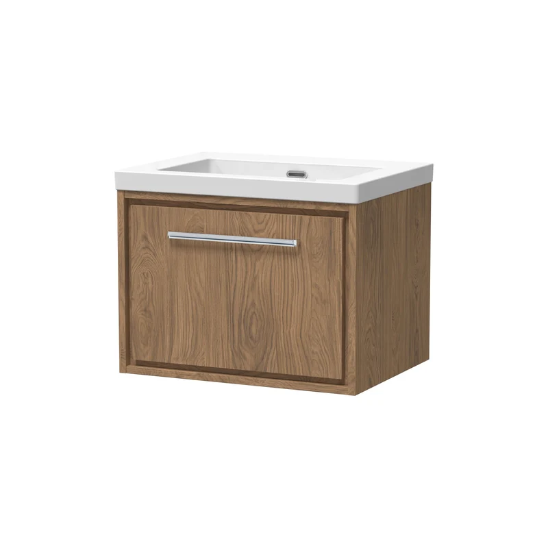Lille 600mm Wall Hung 1 Drawer Vanity Unit & Modern Fireclay Basin With No Tap Holes - Antique Oak Woodgrain