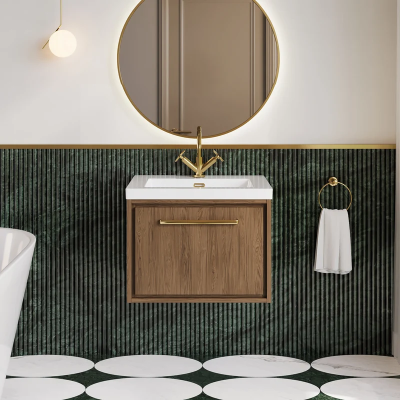 Lille 600mm Wall Hung 1 Drawer Vanity Unit & Modern Fireclay Basin With 1 Tap Hole - Antique Oak Woodgrain