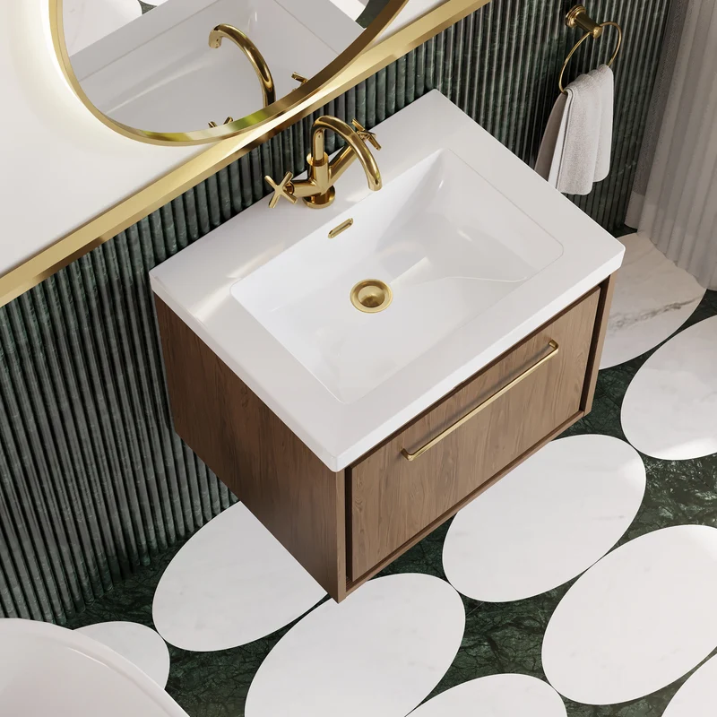 Lille 600mm Wall Hung 1 Drawer Vanity Unit & Modern Fireclay Basin With 1 Tap Hole - Antique Oak Woodgrain