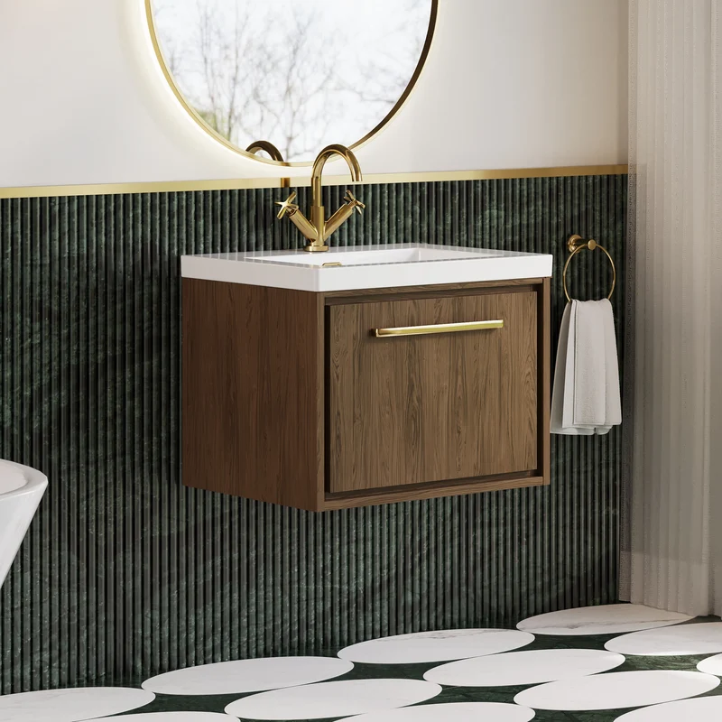 Lille 600mm Wall Hung 1 Drawer Vanity Unit & Modern Fireclay Basin With 1 Tap Hole - Antique Oak Woodgrain