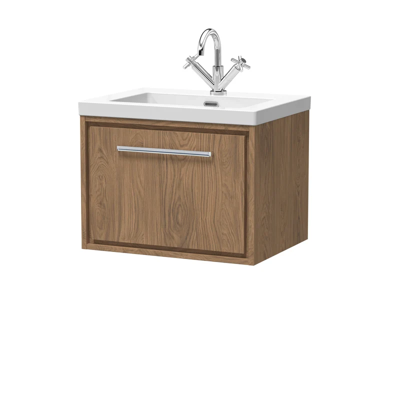 Lille 600mm Wall Hung 1 Drawer Vanity Unit & Modern Fireclay Basin With 1 Tap Hole - Antique Oak Woodgrain