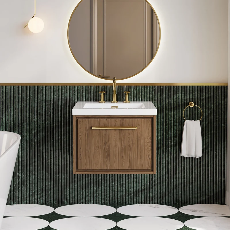 Lille 600mm Wall Hung 1 Drawer Vanity Unit & Modern Fireclay Basin With 3 Tap Holes - Antique Oak Woodgrain