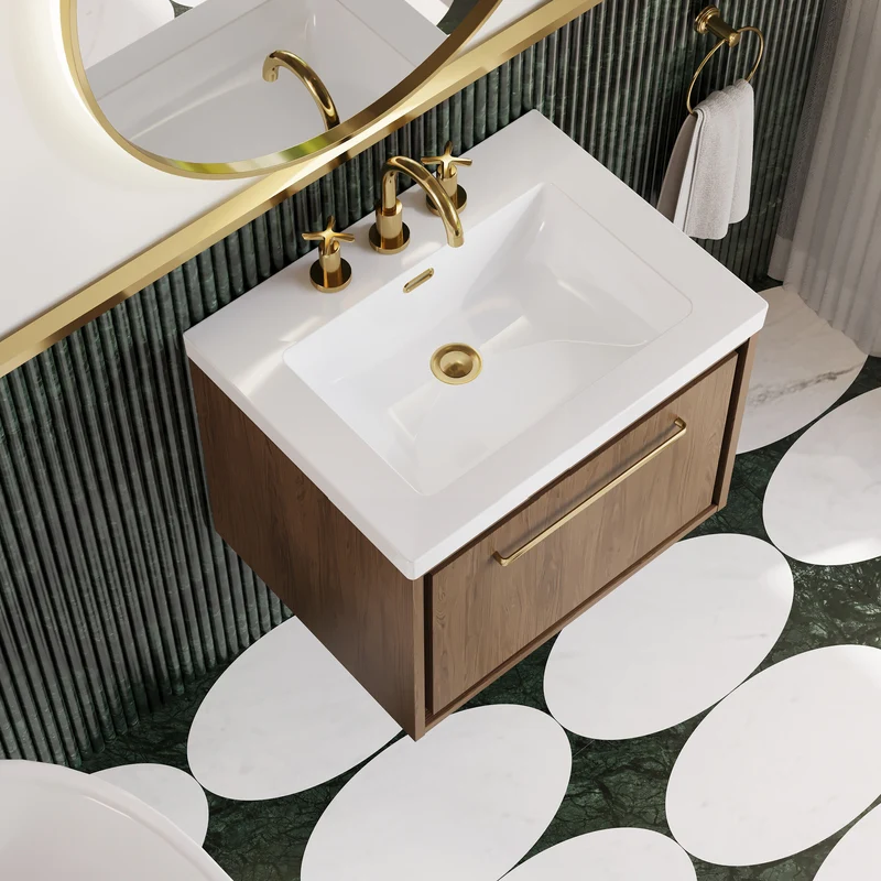 Lille 600mm Wall Hung 1 Drawer Vanity Unit & Modern Fireclay Basin With 3 Tap Holes - Antique Oak Woodgrain