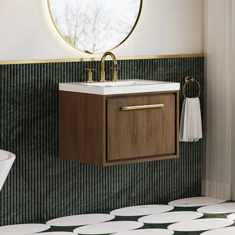 Lille 600mm Wall Hung 1 Drawer Vanity Unit & Modern Fireclay Basin With 3 Tap Holes - Antique Oak Woodgrain