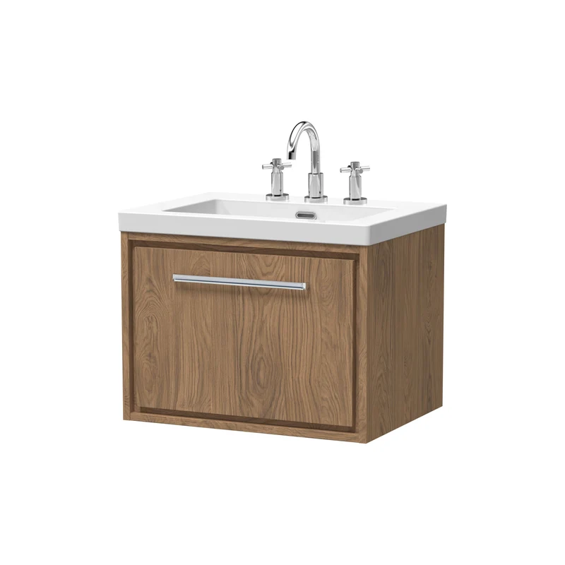 Lille 600mm Wall Hung 1 Drawer Vanity Unit & Modern Fireclay Basin With 3 Tap Holes - Antique Oak Woodgrain