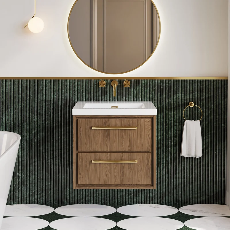 Lille 600mm Wall Hung 2 Drawer Vanity Unit & Modern Fireclay Basin With No Tap Holes - Antique Oak Woodgrain