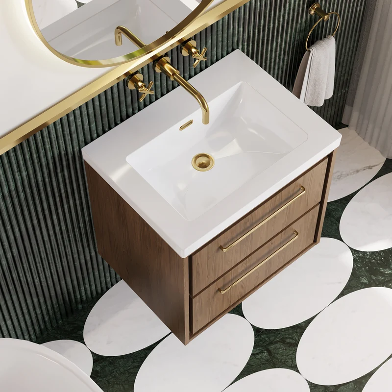 Lille 600mm Wall Hung 2 Drawer Vanity Unit & Modern Fireclay Basin With No Tap Holes - Antique Oak Woodgrain