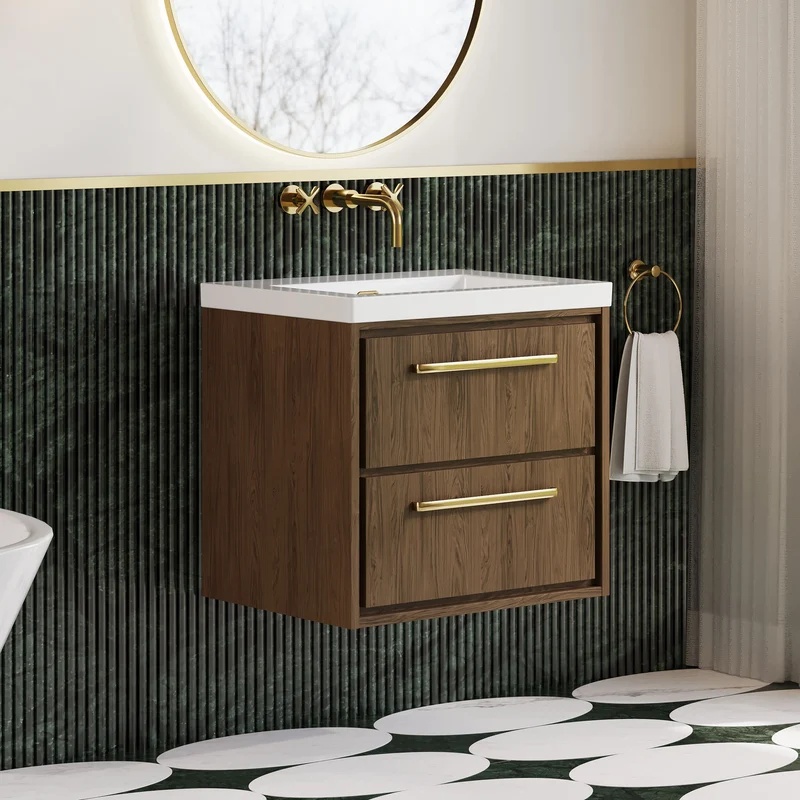 Lille 600mm Wall Hung 2 Drawer Vanity Unit & Modern Fireclay Basin With No Tap Holes - Antique Oak Woodgrain