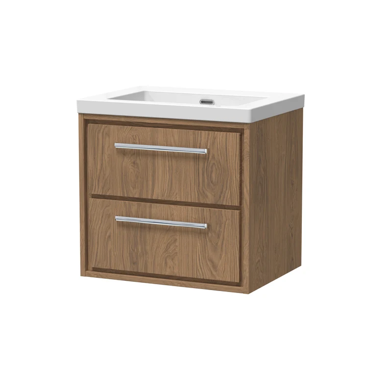Lille 600mm Wall Hung 2 Drawer Vanity Unit & Modern Fireclay Basin With No Tap Holes - Antique Oak Woodgrain