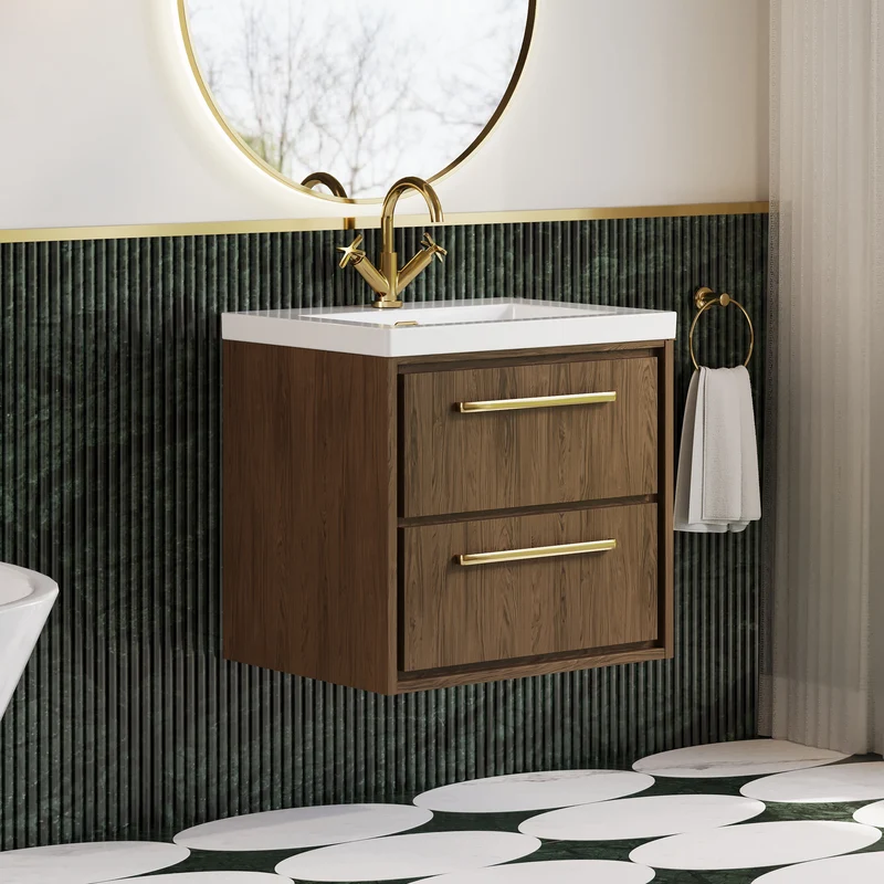 Lille 600mm Wall Hung 2 Drawer Vanity Unit & Modern Fireclay Basin With 1 Tap Hole - Antique Oak Woodgrain