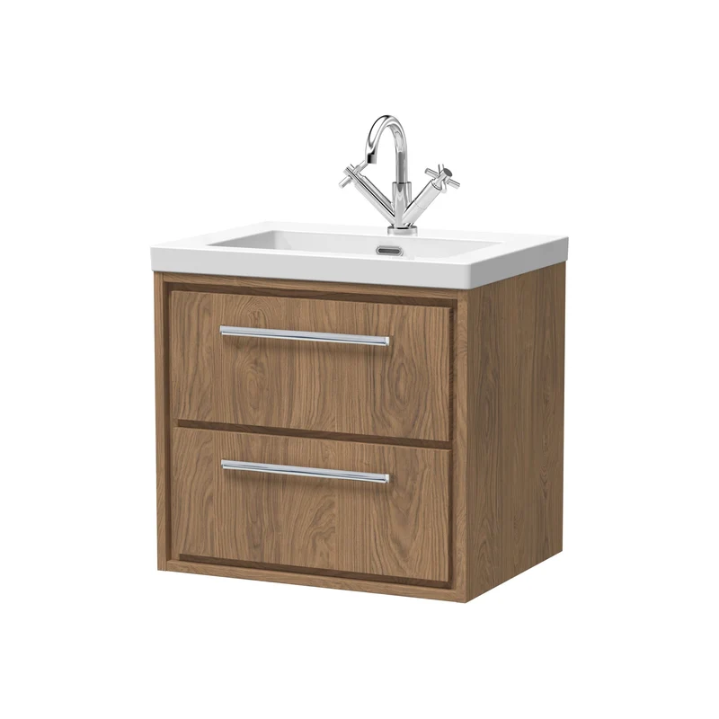 Lille 600mm Wall Hung 2 Drawer Vanity Unit & Modern Fireclay Basin With 1 Tap Hole - Antique Oak Woodgrain