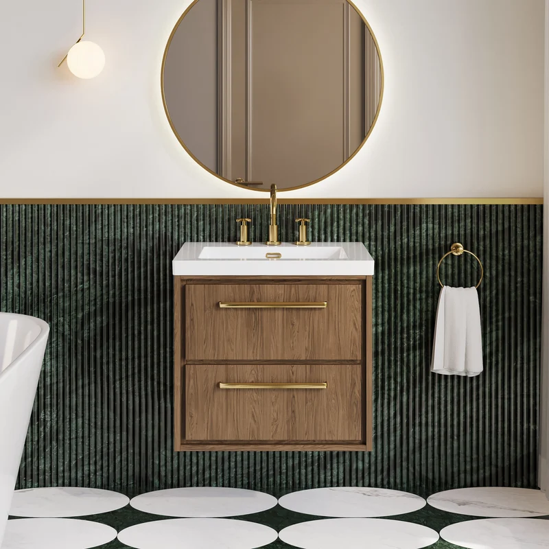 Lille 600mm Wall Hung 2 Drawer Vanity Unit & Modern Fireclay Basin With 3 Tap Holes - Antique Oak Woodgrain