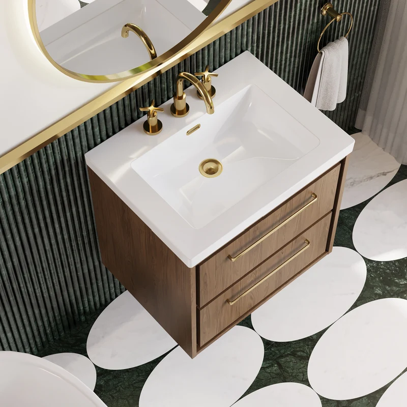 Lille 600mm Wall Hung 2 Drawer Vanity Unit & Modern Fireclay Basin With 3 Tap Holes - Antique Oak Woodgrain