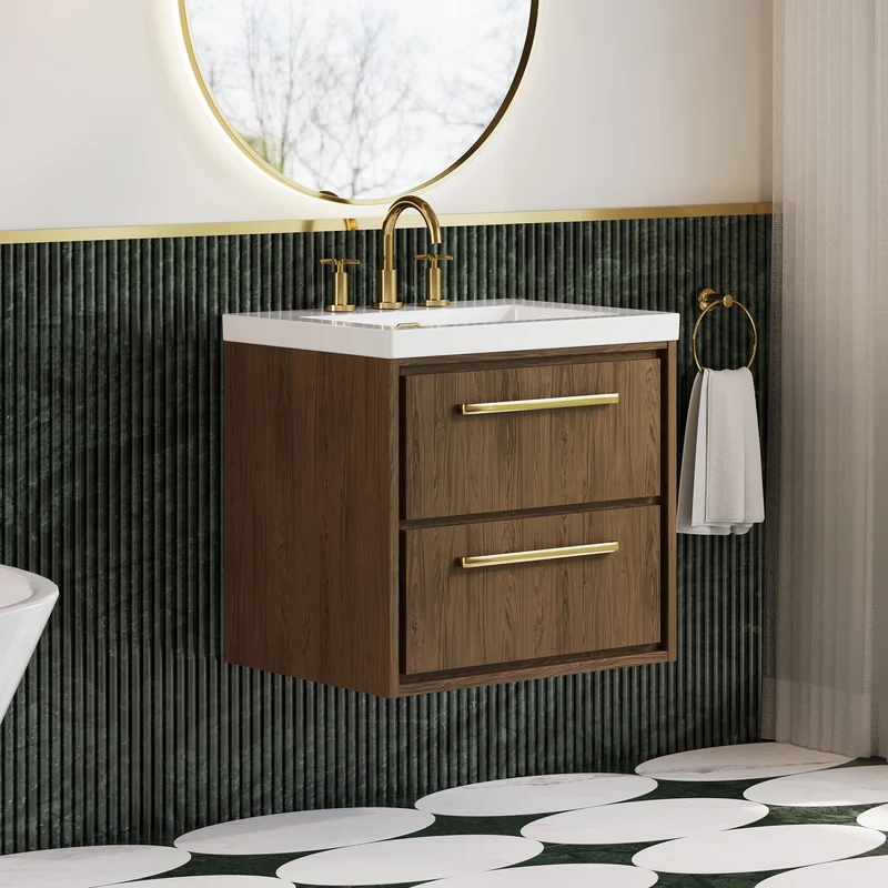 Lille 600mm Wall Hung 2 Drawer Vanity Unit & Modern Fireclay Basin With 3 Tap Holes - Antique Oak Woodgrain