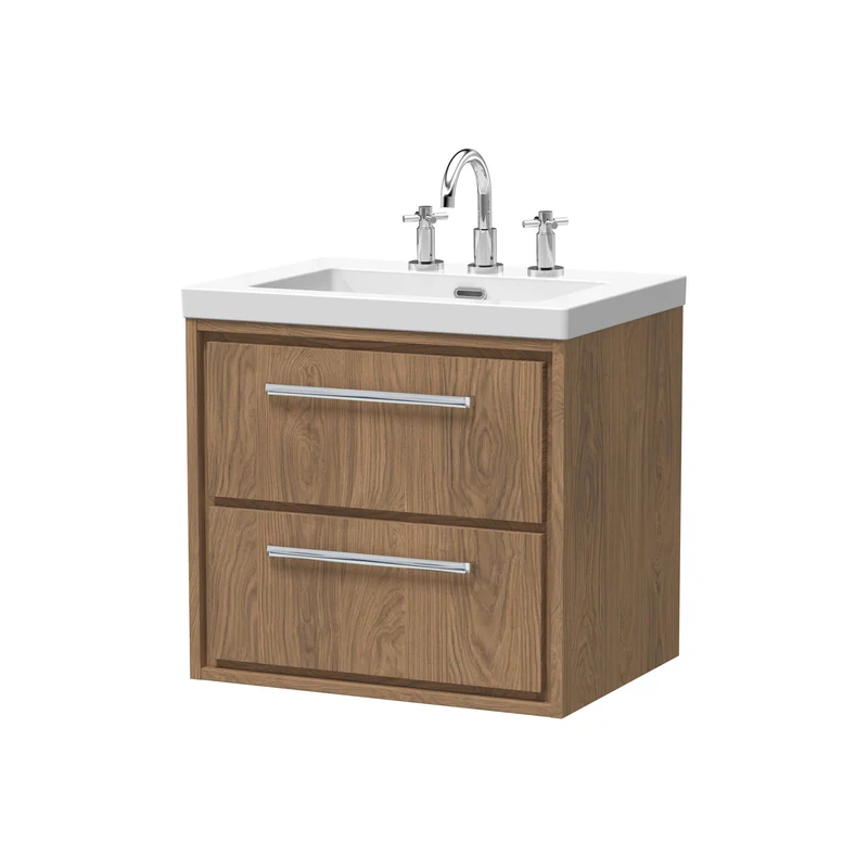 Lille 600mm Wall Hung 2 Drawer Vanity Unit & Modern Fireclay Basin With 3 Tap Holes - Antique Oak Woodgrain