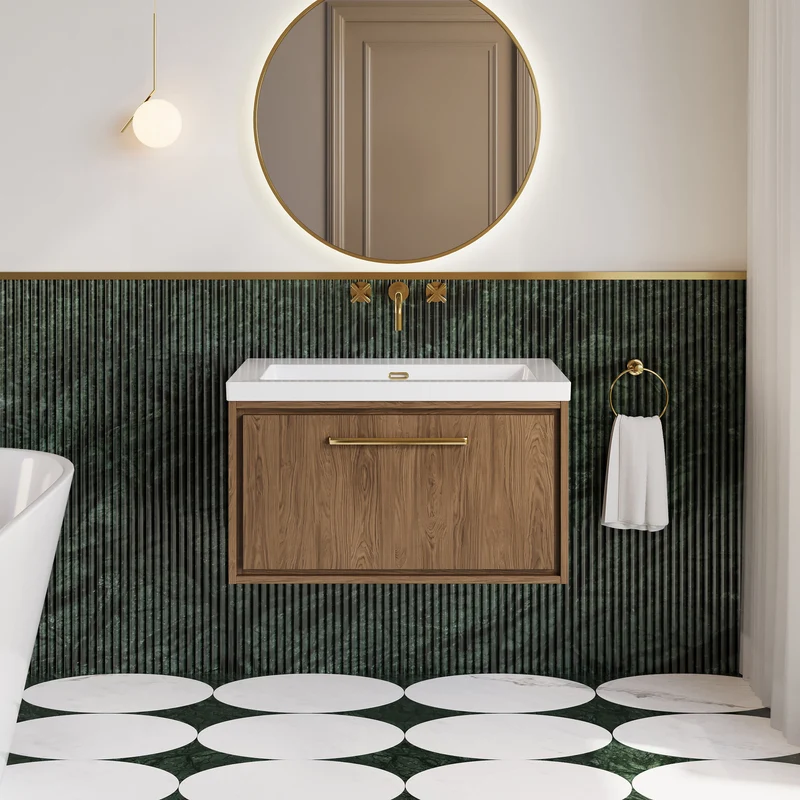 Lille 800mm Wall Hung 1 Drawer Vanity Unit & Modern Fireclay Basin With No Tap Holes - Antique Oak Woodgrain