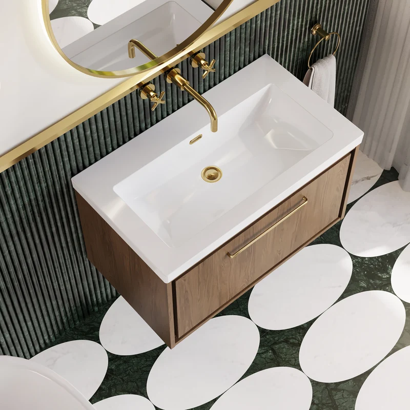 Lille 800mm Wall Hung 1 Drawer Vanity Unit & Modern Fireclay Basin With No Tap Holes - Antique Oak Woodgrain