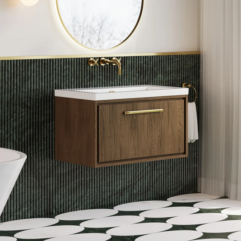Lille 800mm Wall Hung 1 Drawer Vanity Unit & Modern Fireclay Basin With No Tap Holes - Antique Oak Woodgrain