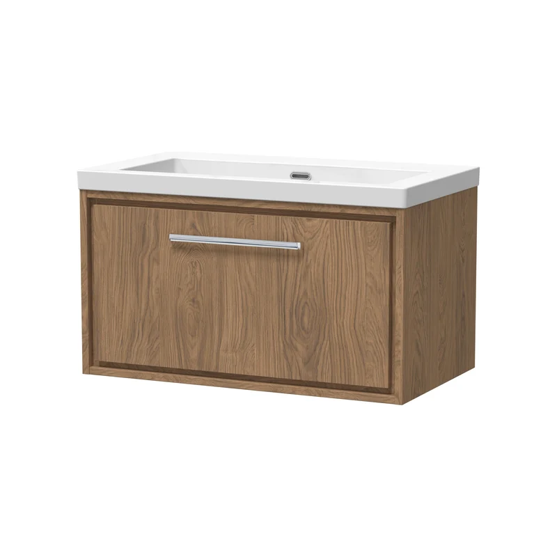 Lille 800mm Wall Hung 1 Drawer Vanity Unit & Modern Fireclay Basin With No Tap Holes - Antique Oak Woodgrain