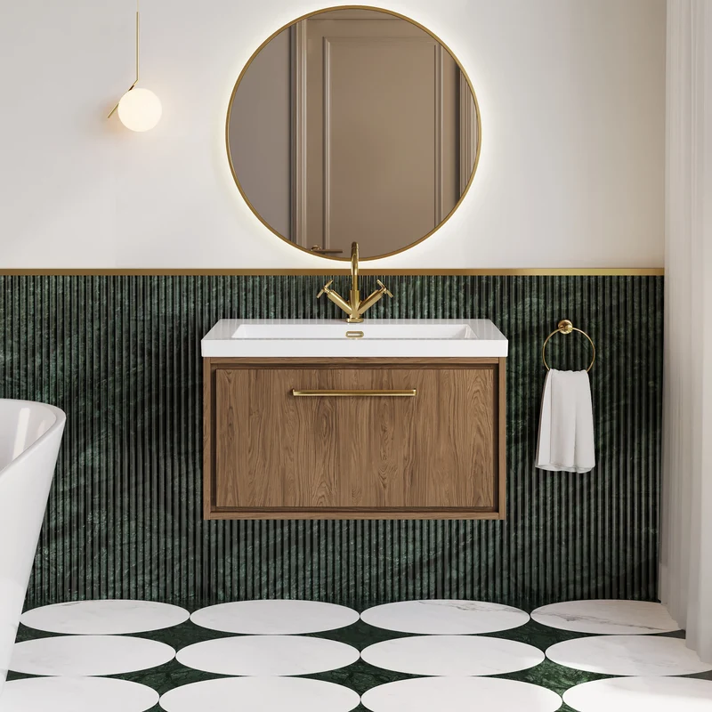 Lille 800mm Wall Hung 1 Drawer Vanity Unit & Modern Fireclay Basin With 1 Tap Hole - Antique Oak Woodgrain