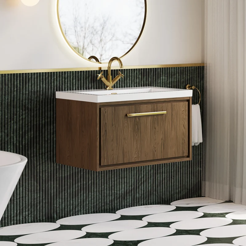 Lille 800mm Wall Hung 1 Drawer Vanity Unit & Modern Fireclay Basin With 1 Tap Hole - Antique Oak Woodgrain
