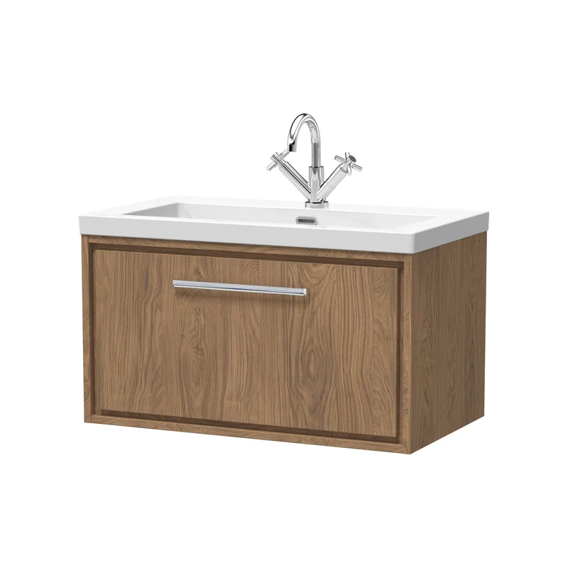 Lille 800mm Wall Hung 1 Drawer Vanity Unit & Modern Fireclay Basin With 1 Tap Hole - Antique Oak Woodgrain