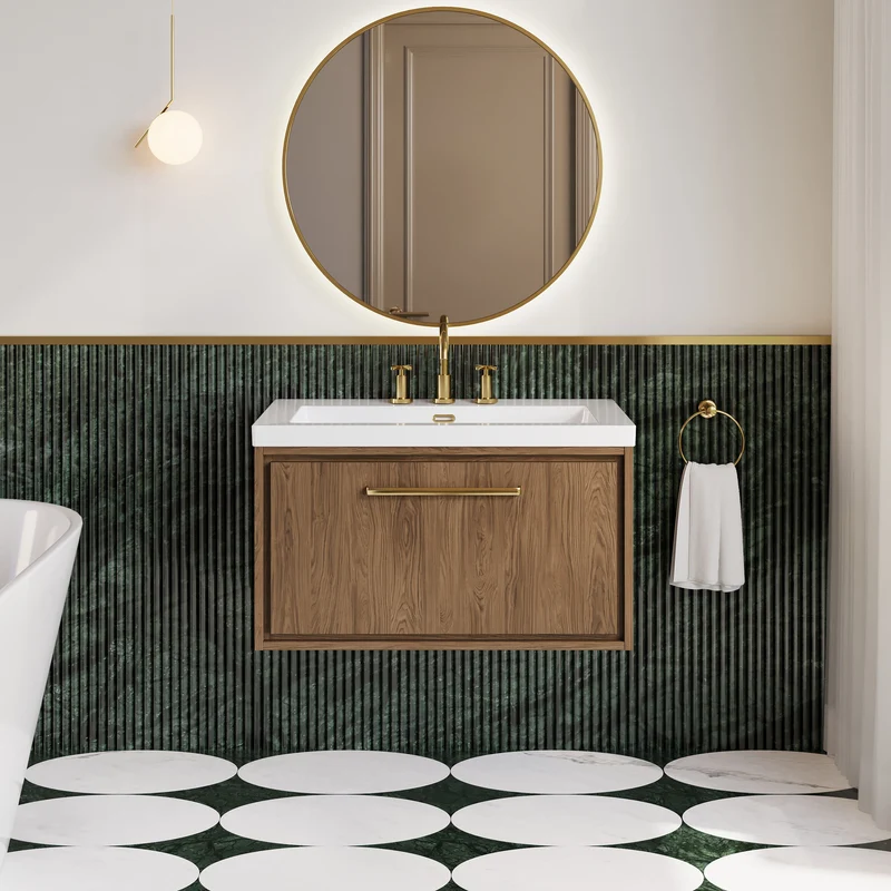 Lille 800mm Wall Hung 1 Drawer Vanity Unit & Modern Fireclay Basin With 3 Tap Holes - Antique Oak Woodgrain