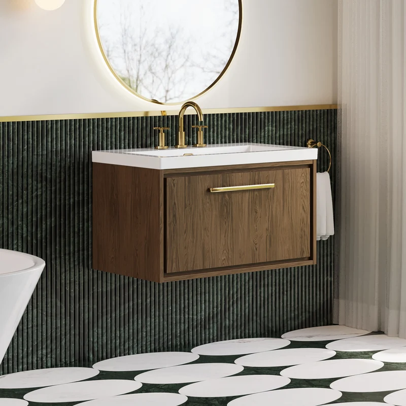 Lille 800mm Wall Hung 1 Drawer Vanity Unit & Modern Fireclay Basin With 3 Tap Holes - Antique Oak Woodgrain
