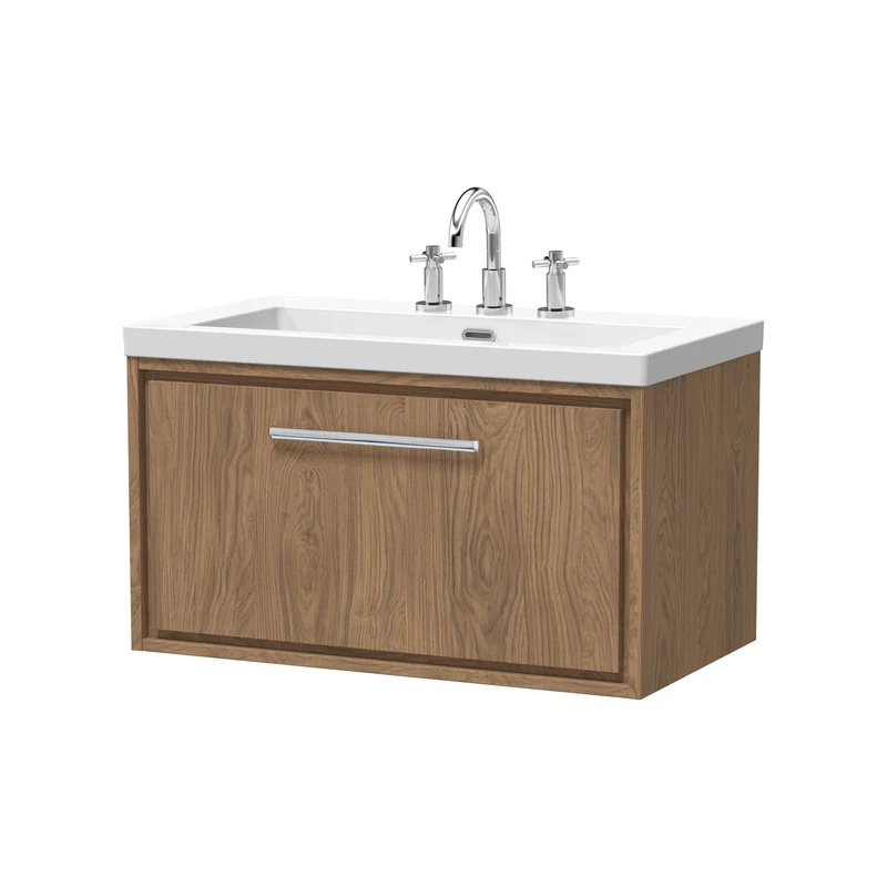 Lille 800mm Wall Hung 1 Drawer Vanity Unit & Modern Fireclay Basin With 3 Tap Holes - Antique Oak Woodgrain