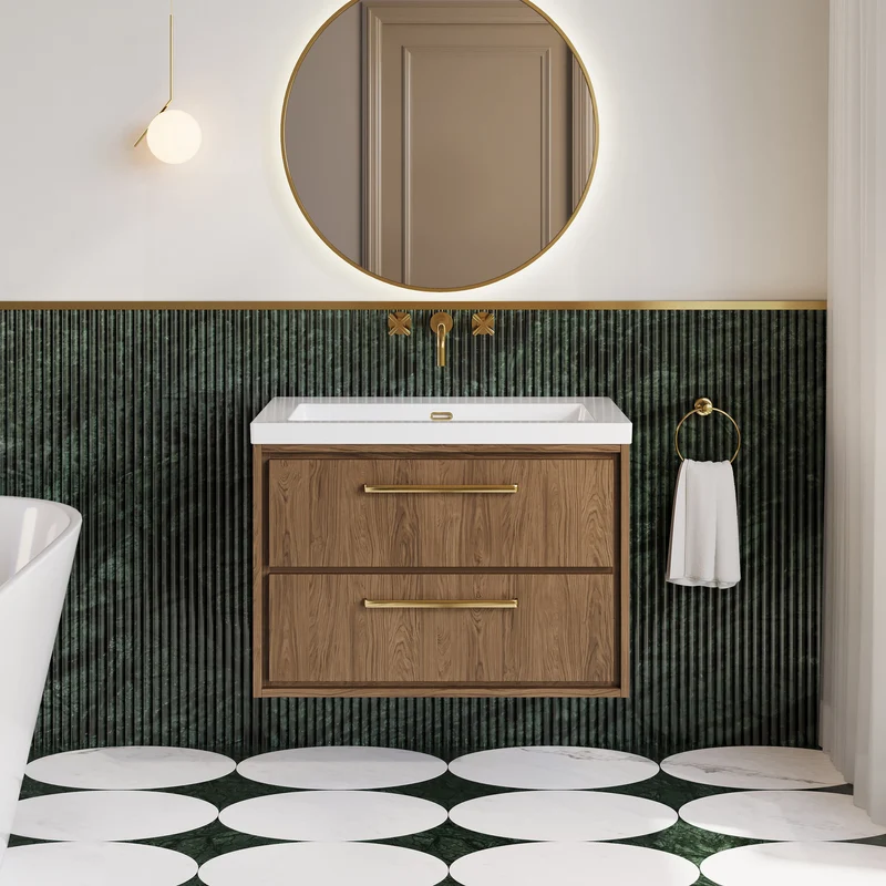 Lille 800mm Wall Hung 2 Drawer Vanity Unit & Modern Fireclay Basin With No Tap Holes - Antique Oak Woodgrain