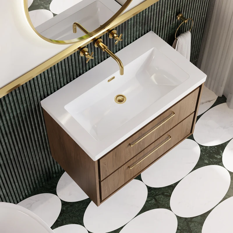 Lille 800mm Wall Hung 2 Drawer Vanity Unit & Modern Fireclay Basin With No Tap Holes - Antique Oak Woodgrain