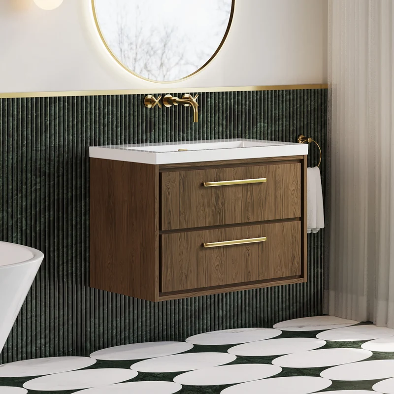 Lille 800mm Wall Hung 2 Drawer Vanity Unit & Modern Fireclay Basin With No Tap Holes - Antique Oak Woodgrain