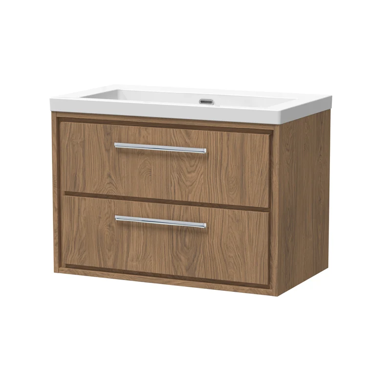 Lille 800mm Wall Hung 2 Drawer Vanity Unit & Modern Fireclay Basin With No Tap Holes - Antique Oak Woodgrain