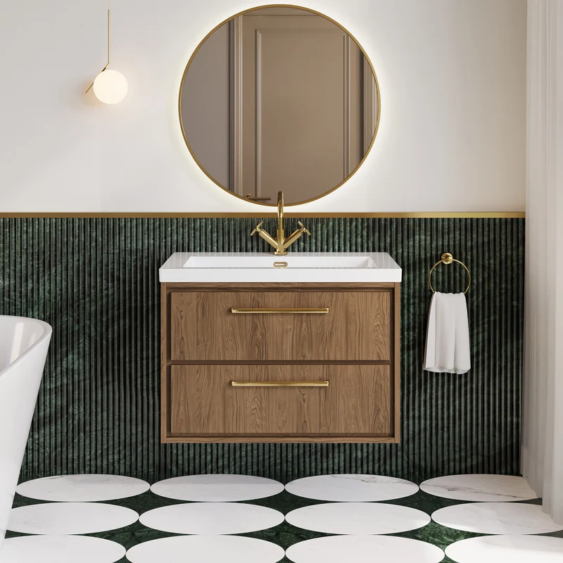 Lille 800mm Wall Hung 2 Drawer Vanity Unit & Modern Fireclay Basin With 1 Tap Hole - Antique Oak Woodgrain
