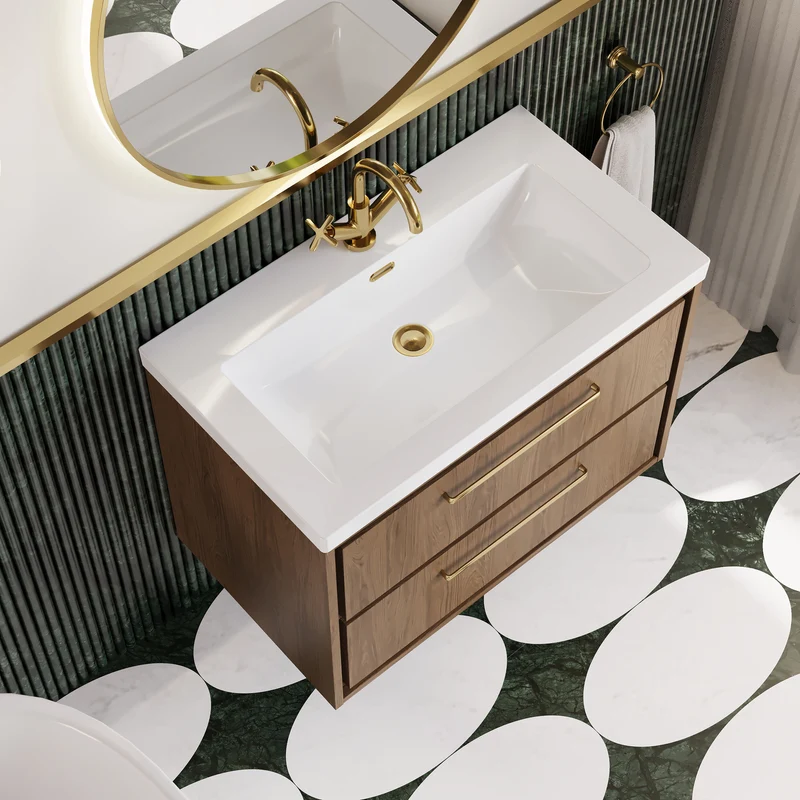 Lille 800mm Wall Hung 2 Drawer Vanity Unit & Modern Fireclay Basin With 1 Tap Hole - Antique Oak Woodgrain
