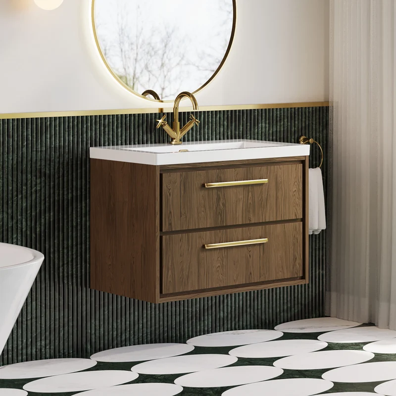 Lille 800mm Wall Hung 2 Drawer Vanity Unit & Modern Fireclay Basin With 1 Tap Hole - Antique Oak Woodgrain
