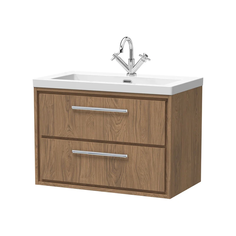 Lille 800mm Wall Hung 2 Drawer Vanity Unit & Modern Fireclay Basin With 1 Tap Hole - Antique Oak Woodgrain