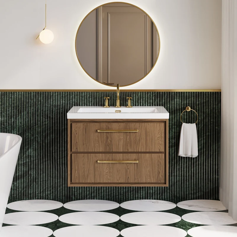 Lille 800mm Wall Hung 2 Drawer Vanity Unit & Modern Fireclay Basin With 3 Tap Holes - Antique Oak Woodgrain