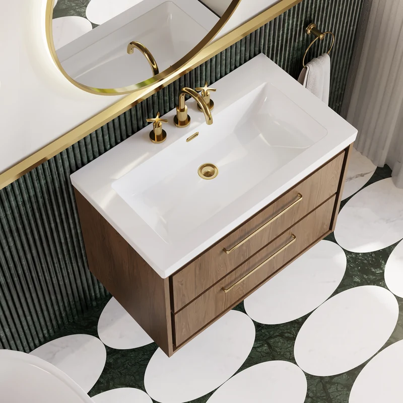 Lille 800mm Wall Hung 2 Drawer Vanity Unit & Modern Fireclay Basin With 3 Tap Holes - Antique Oak Woodgrain