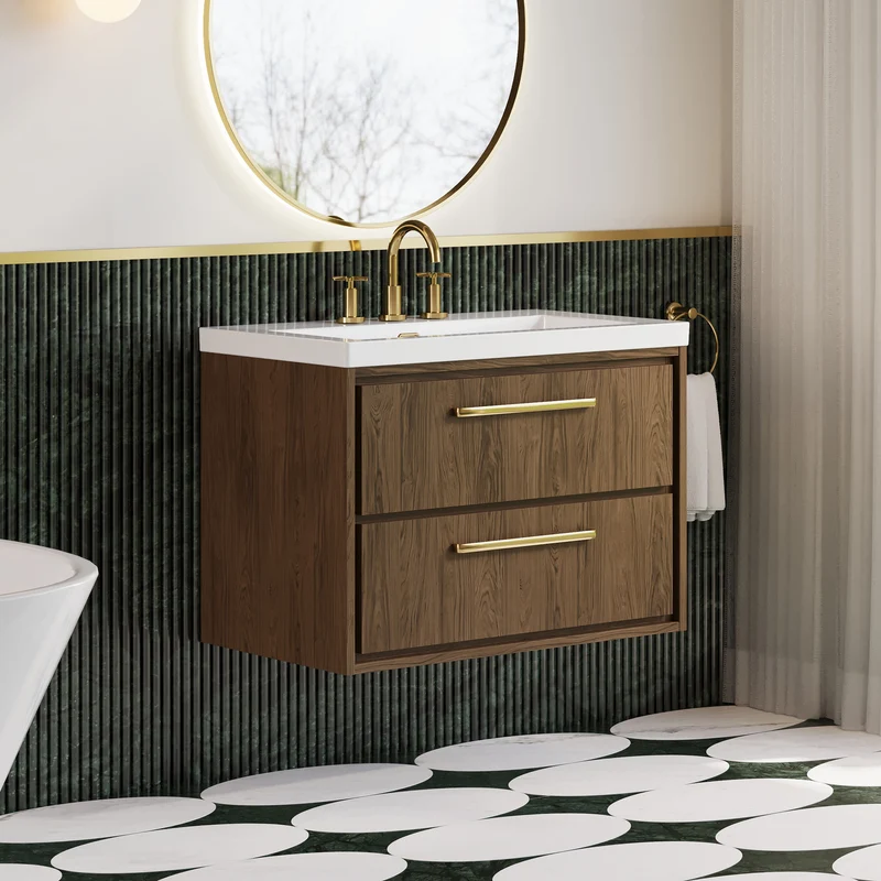 Lille 800mm Wall Hung 2 Drawer Vanity Unit & Modern Fireclay Basin With 3 Tap Holes - Antique Oak Woodgrain