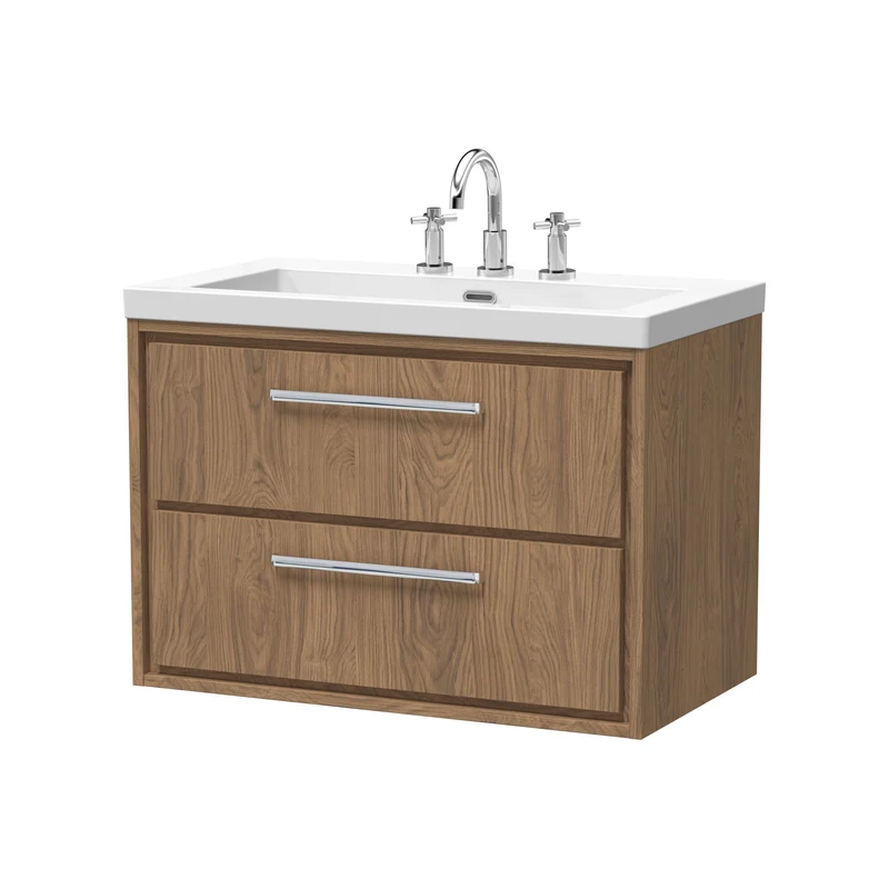 Lille 800mm Wall Hung 2 Drawer Vanity Unit & Modern Fireclay Basin With 3 Tap Holes - Antique Oak Woodgrain