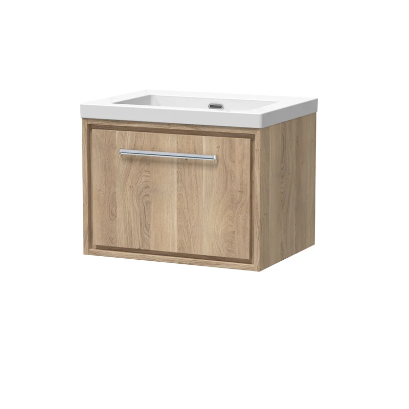 Lille 600mm Wall Hung 1 Drawer Vanity Unit & Modern Fireclay Basin With No Tap Holes - Bleached Oak Woodgrain