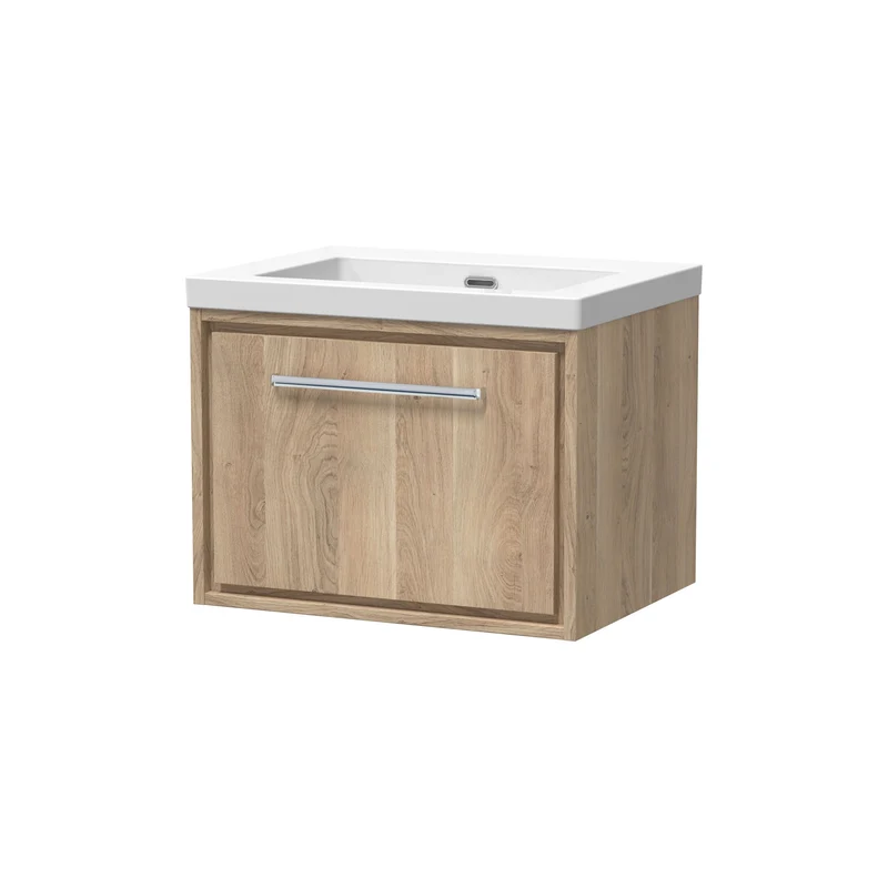 Lille 600mm Wall Hung 1 Drawer Vanity Unit & Modern Fireclay Basin With No Tap Holes - Bleached Oak Woodgrain